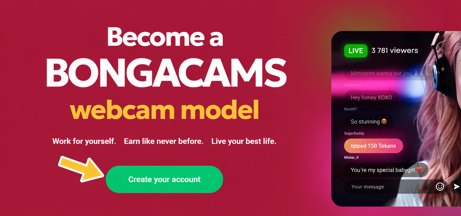 BongaModels landing page with Create your account button