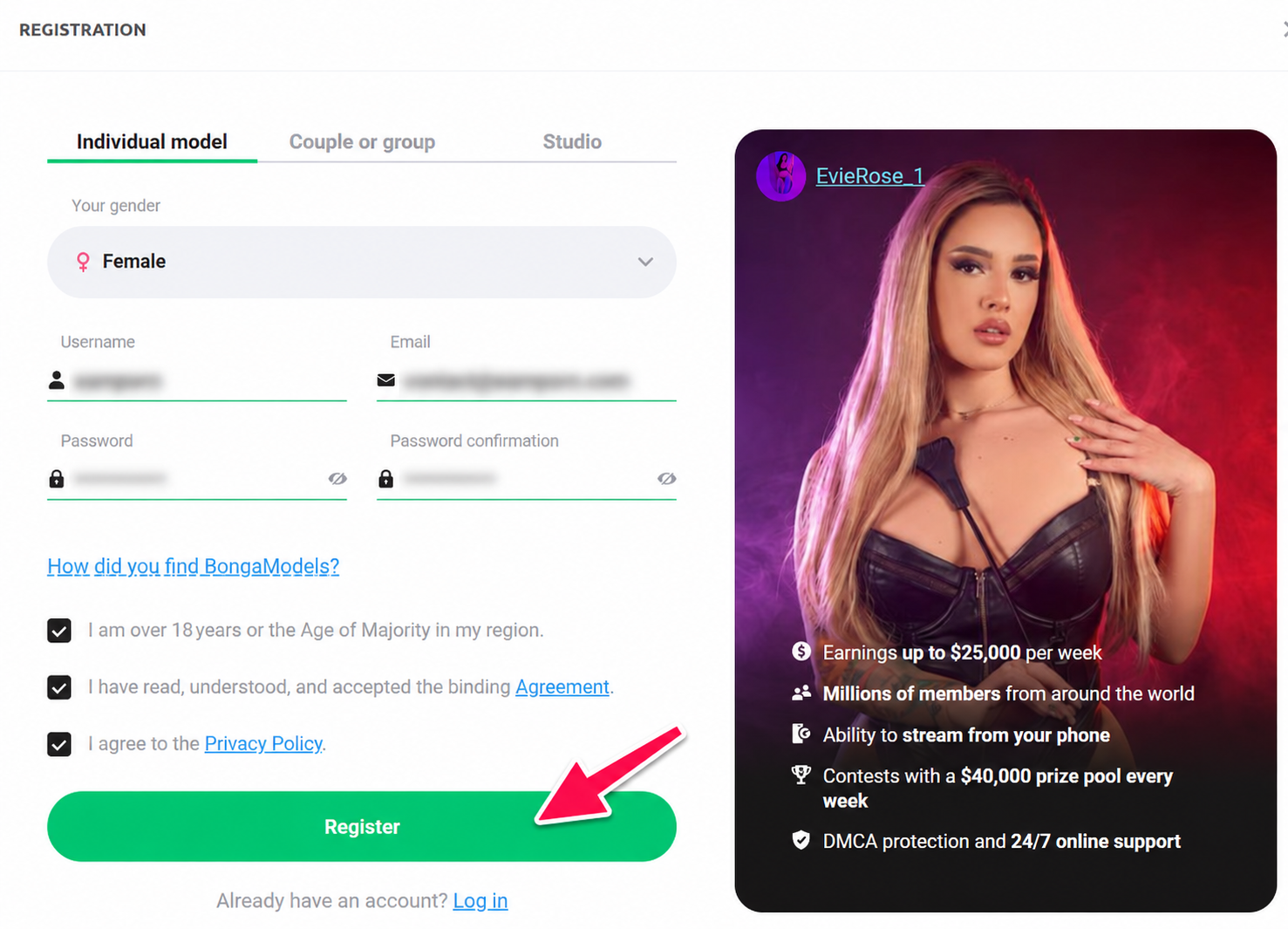 BongaCams individual model registration form