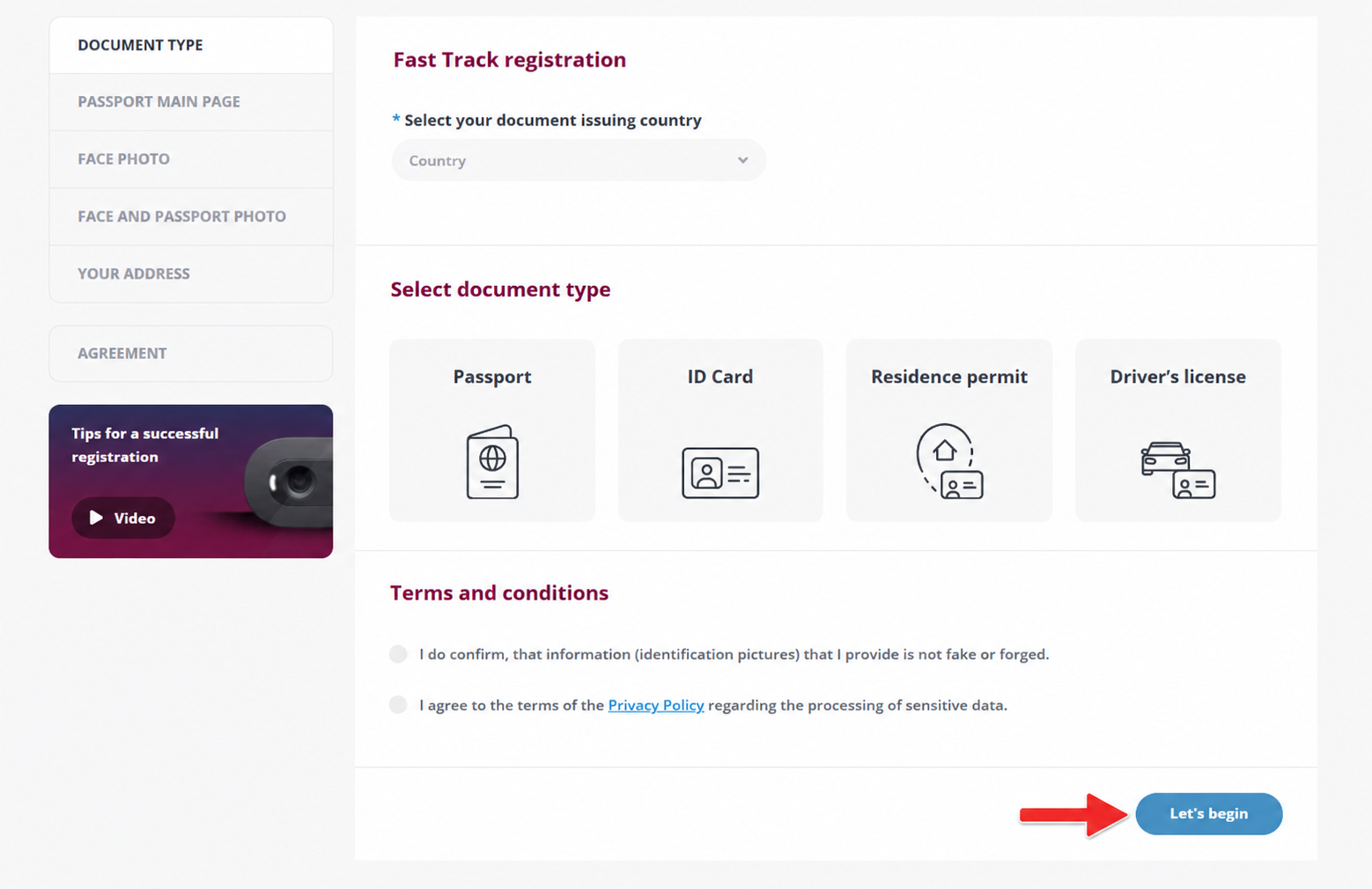 Fast Track Registration document type and terms screen