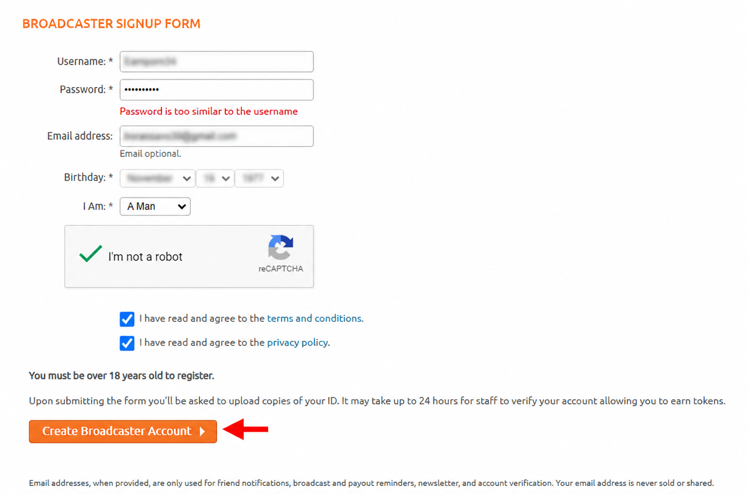 Chaturbate Broadcaster Signup Form with username, password, email, birthday, gender, terms checkboxes, reCAPTCHA and Create Broadcaster Account button