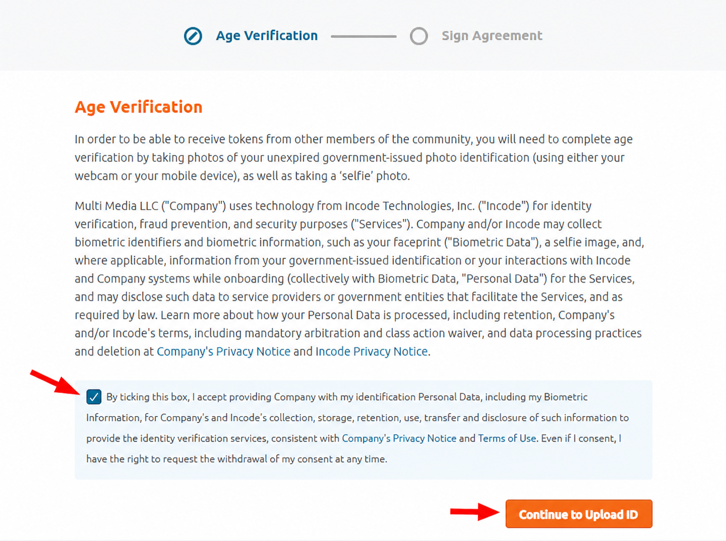 Chaturbate Age Verification page explaining identity verification by Incode Technologies with checkbox and Continue to Upload ID button