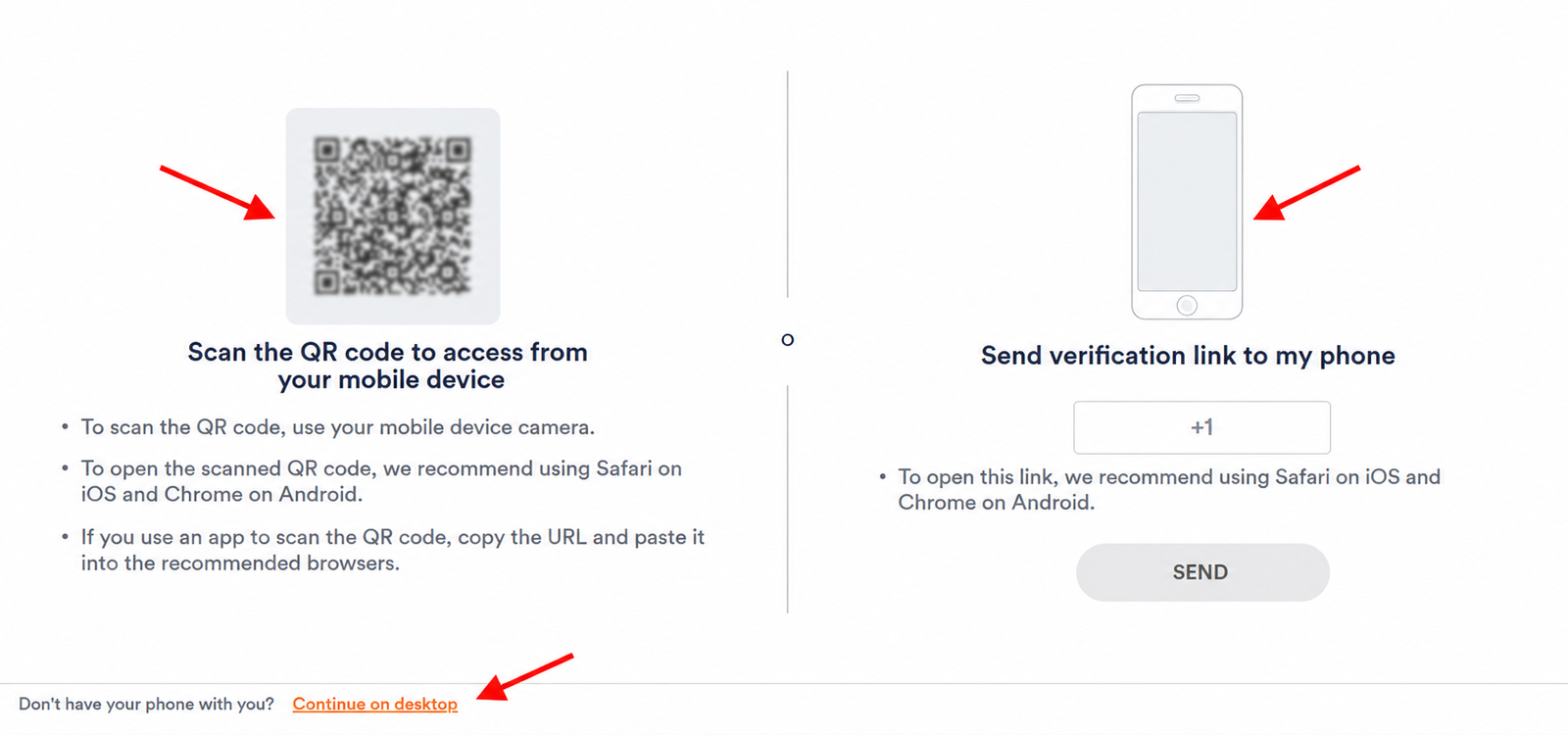 Chaturbate verification screen with QR code, phone verification link option and Continue on desktop button