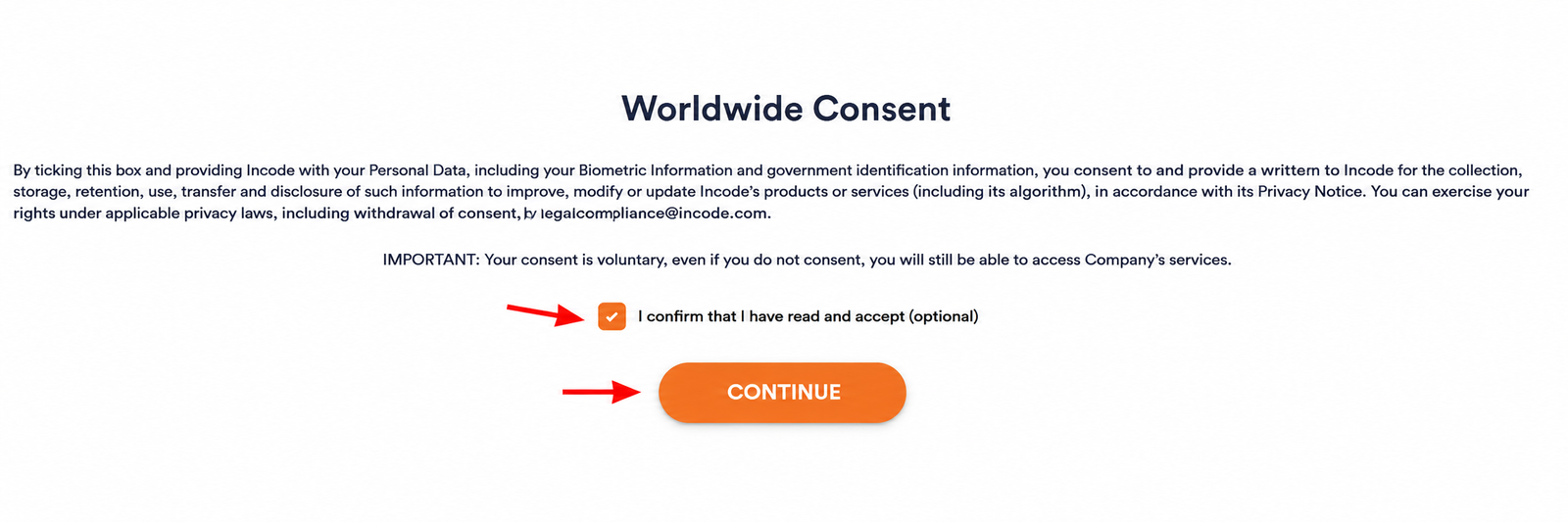 Incode Worldwide Consent screen with optional checkbox and Continue button during Chaturbate identity verification