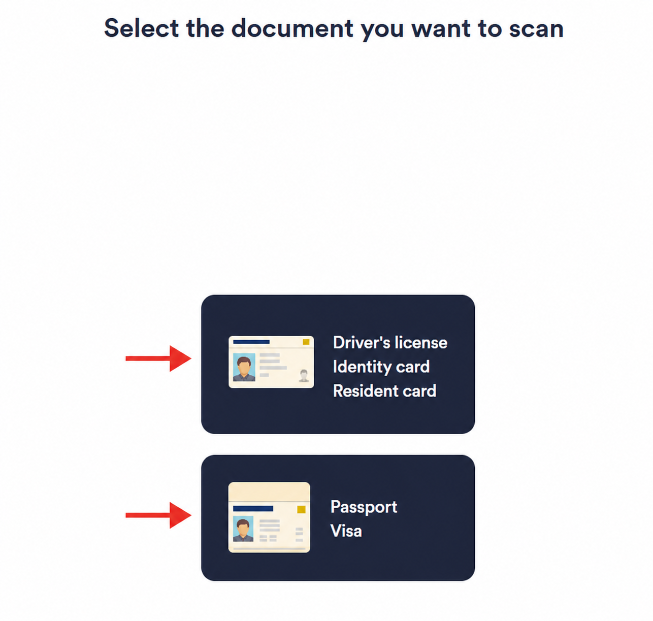 Document selection screen showing driver's license, identity card, resident card, passport and visa options
