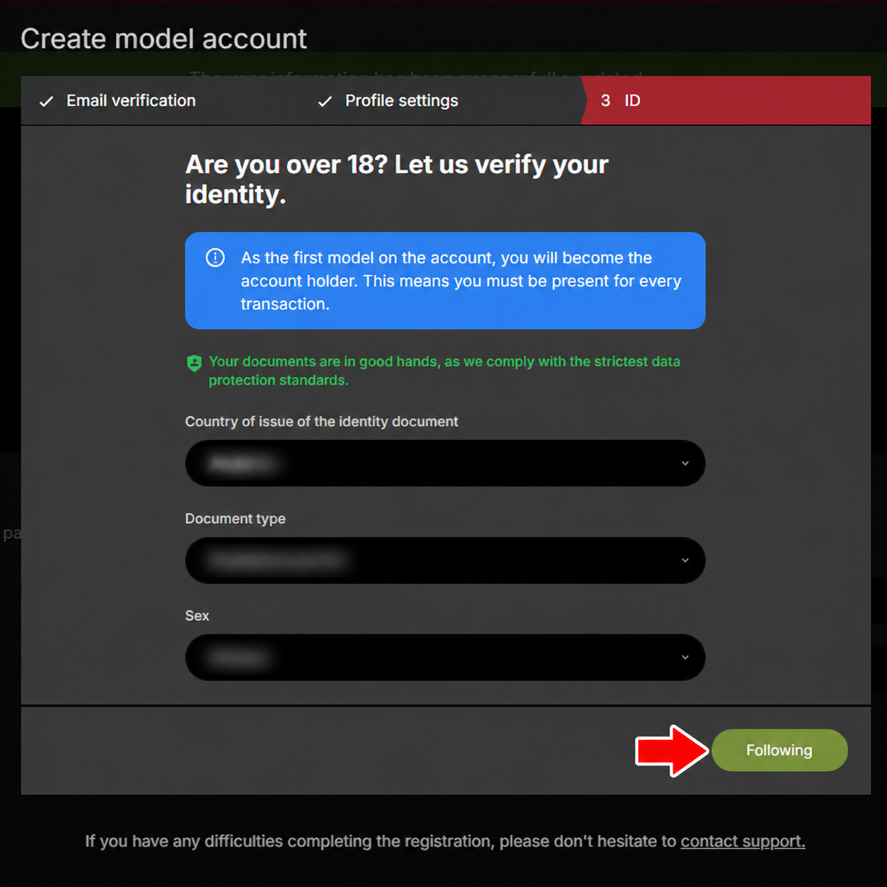 Stripchat account verification continue screen before identity check