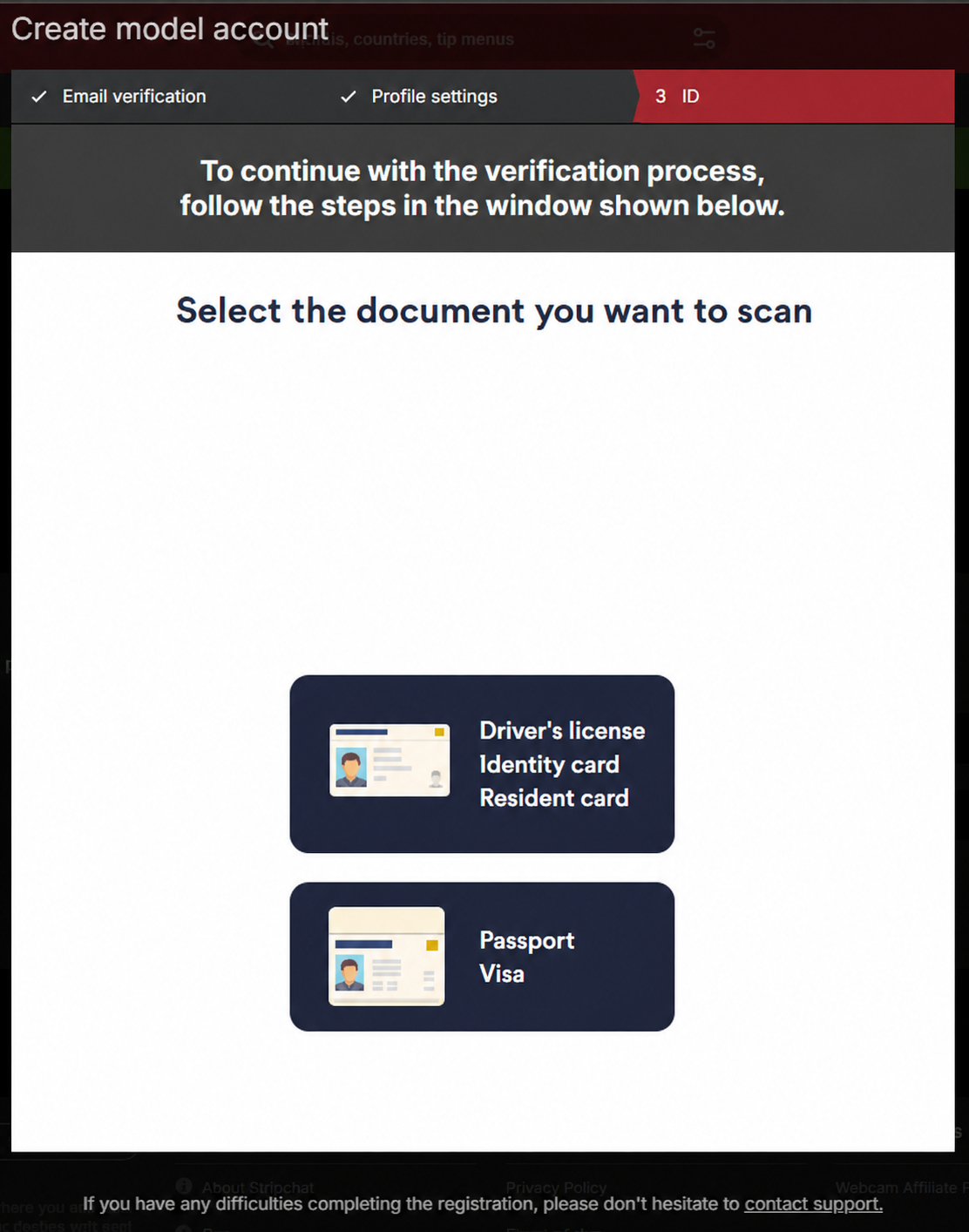 Stripchat ID verification basics screen with country, document type and sex fields