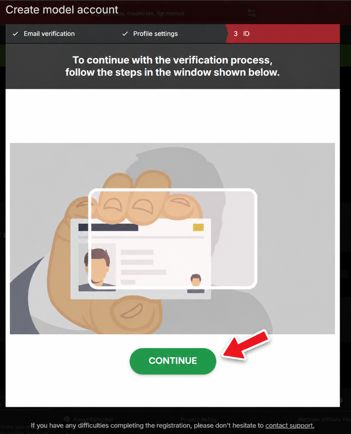 Document selection screen for Stripchat identity verification