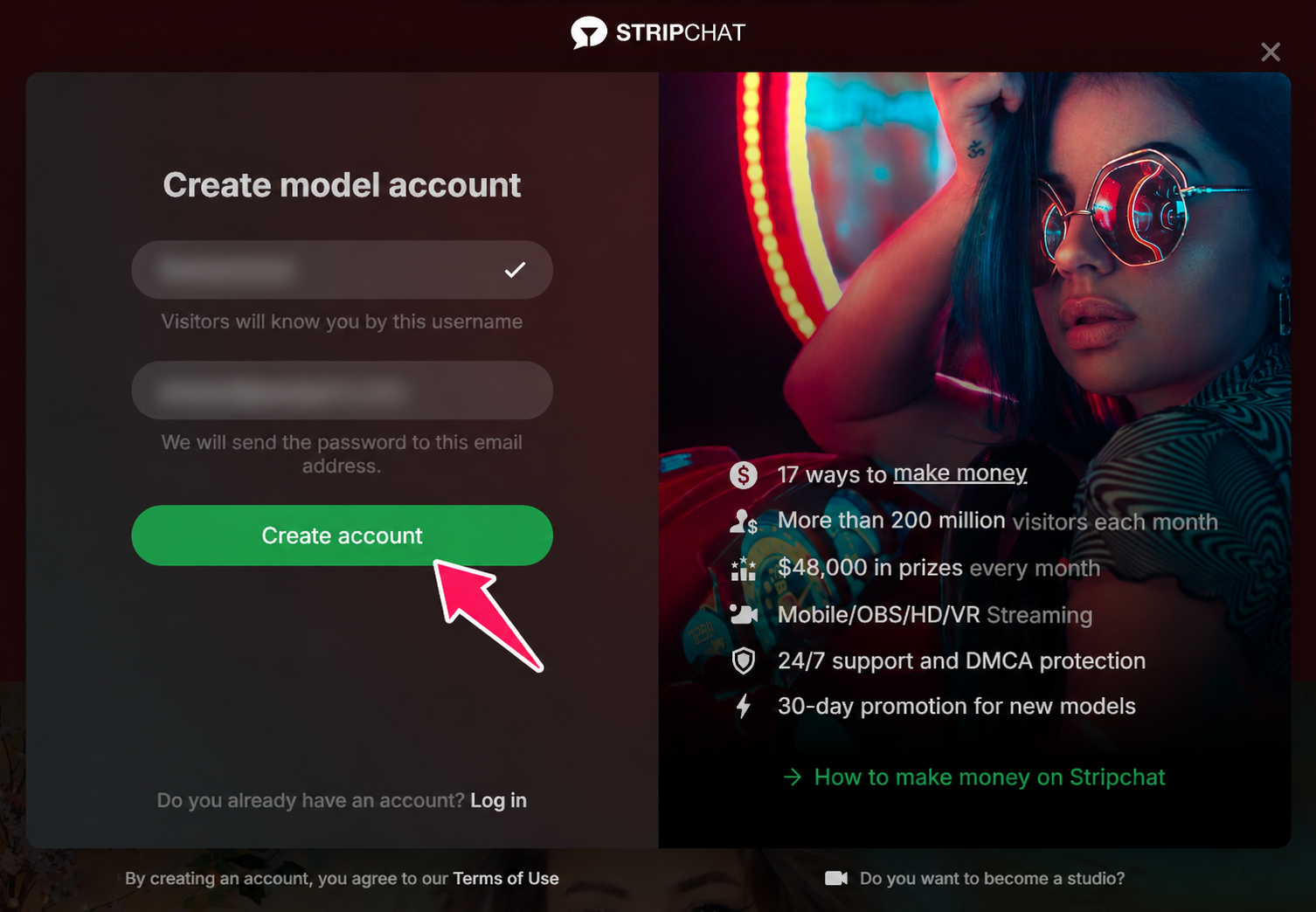 Stripchat create model account screen with username and email fields
