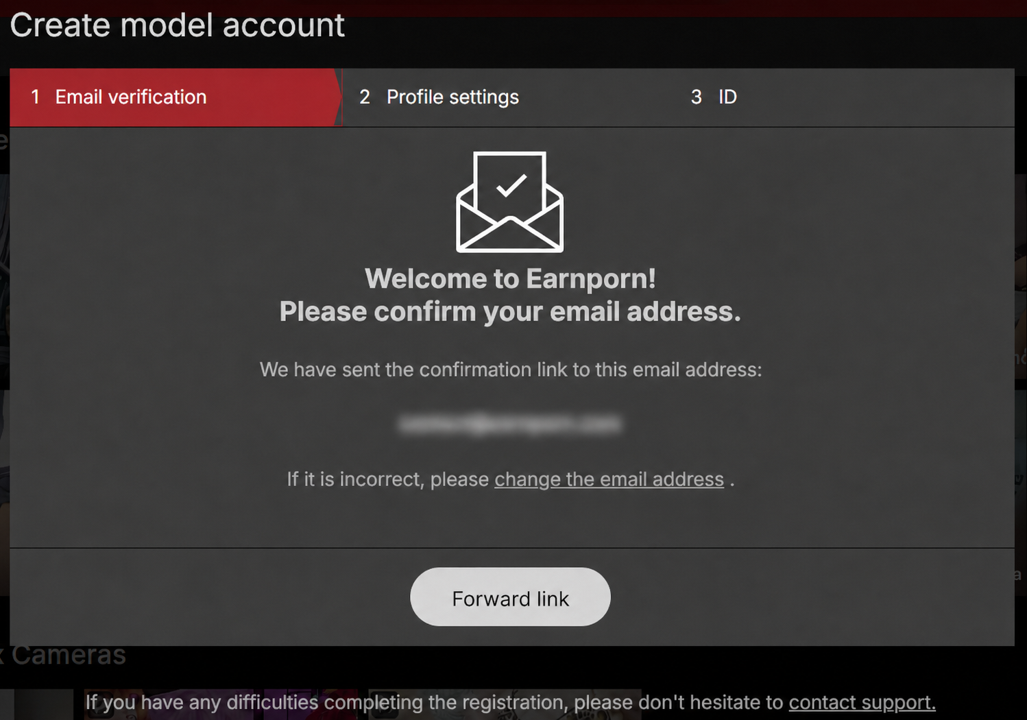 Stripchat email confirmation screen after model account creation