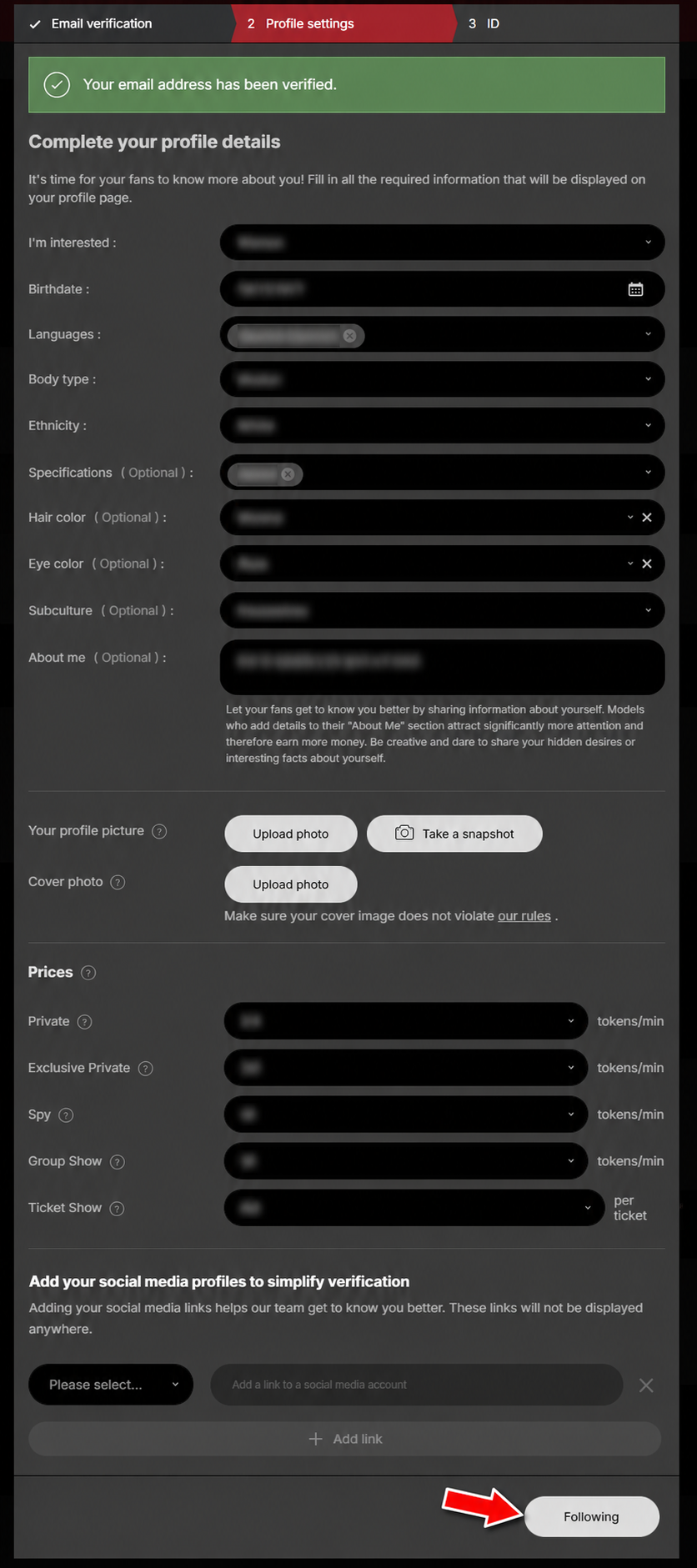 Stripchat model profile settings page with photo upload and starting prices