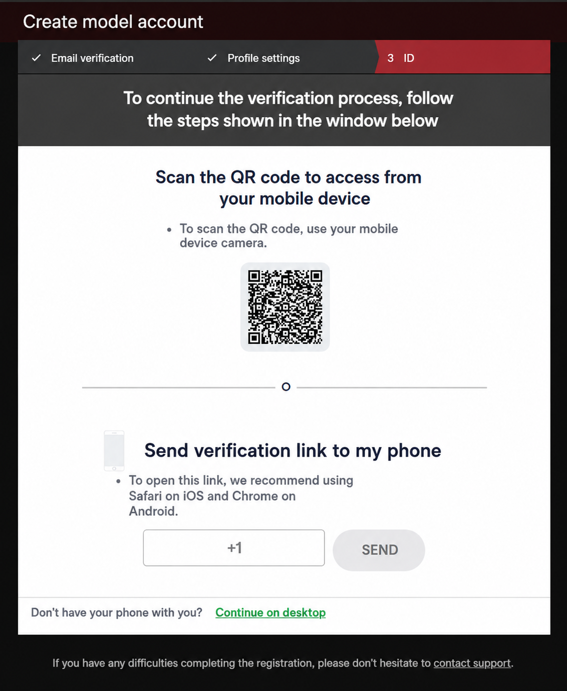 Stripchat verification screen with QR code and mobile continuation options