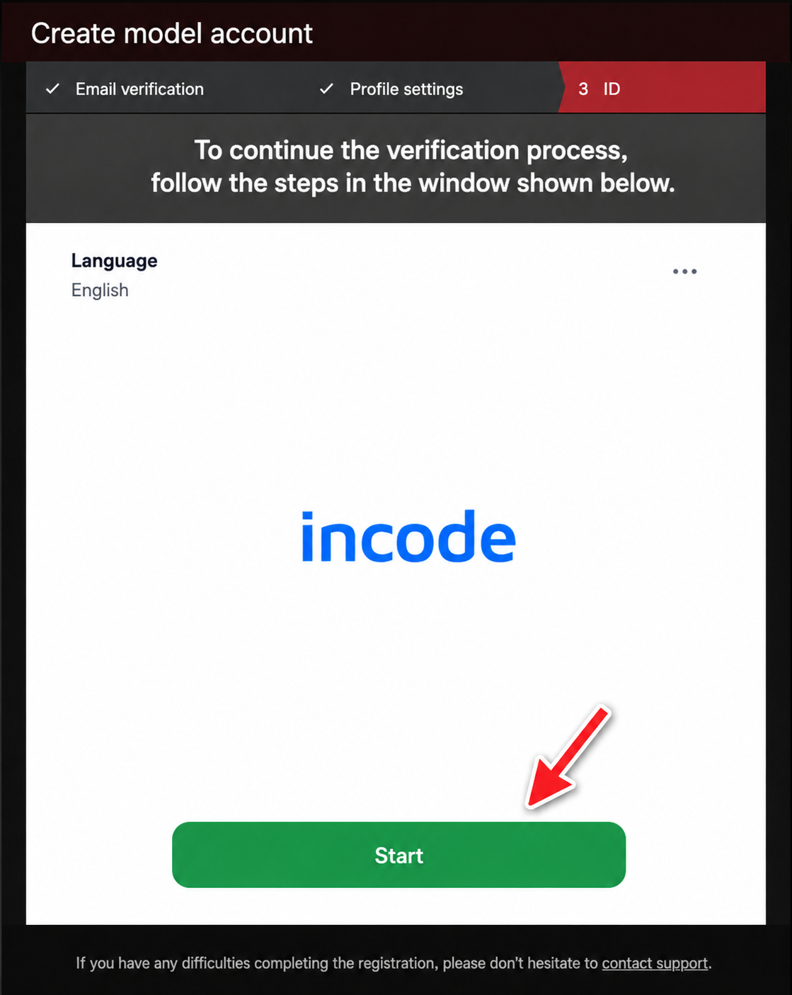 Incode start screen with language selection used during Stripchat verification