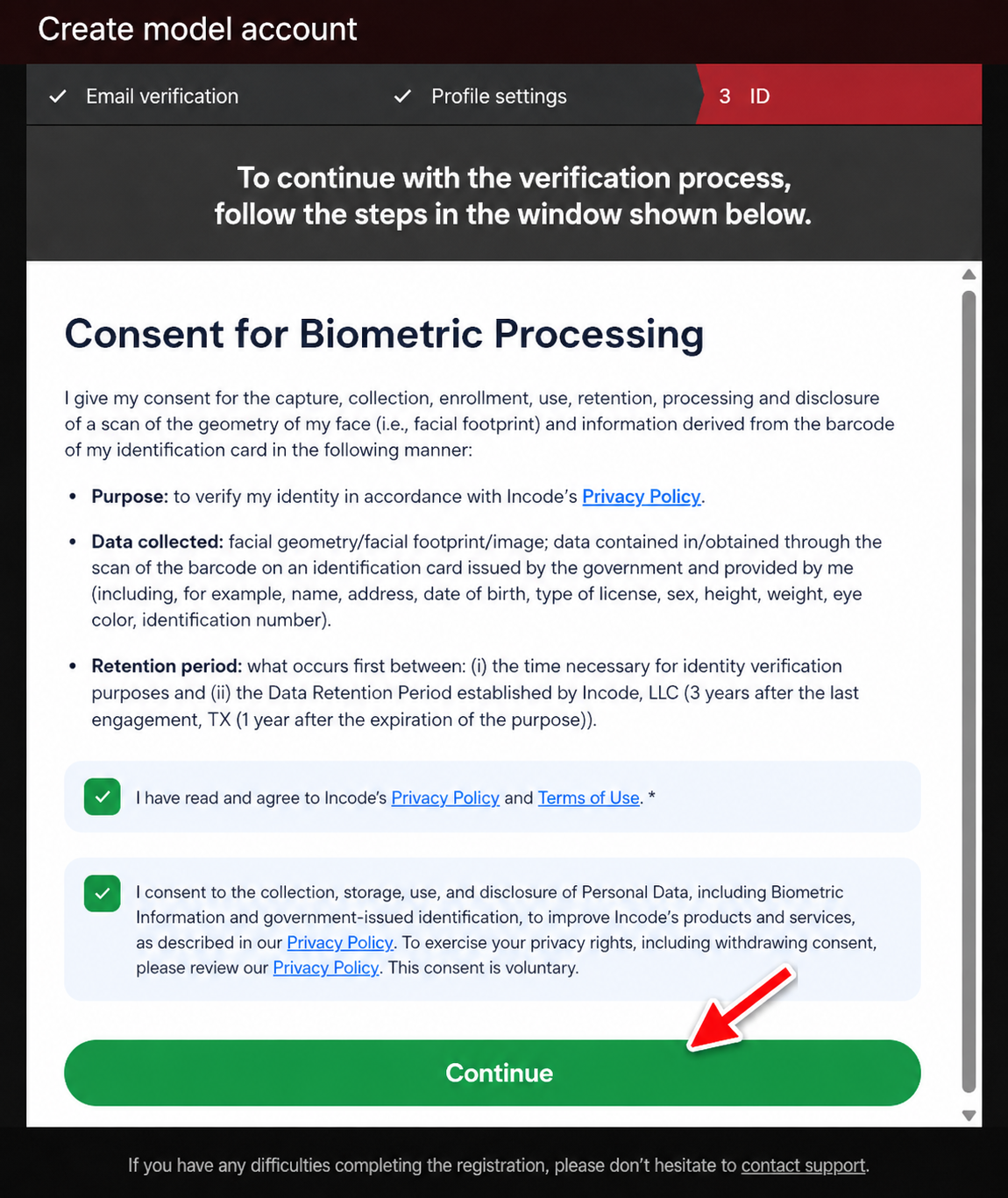 Biometric consent screen in the Stripchat Incode verification flow