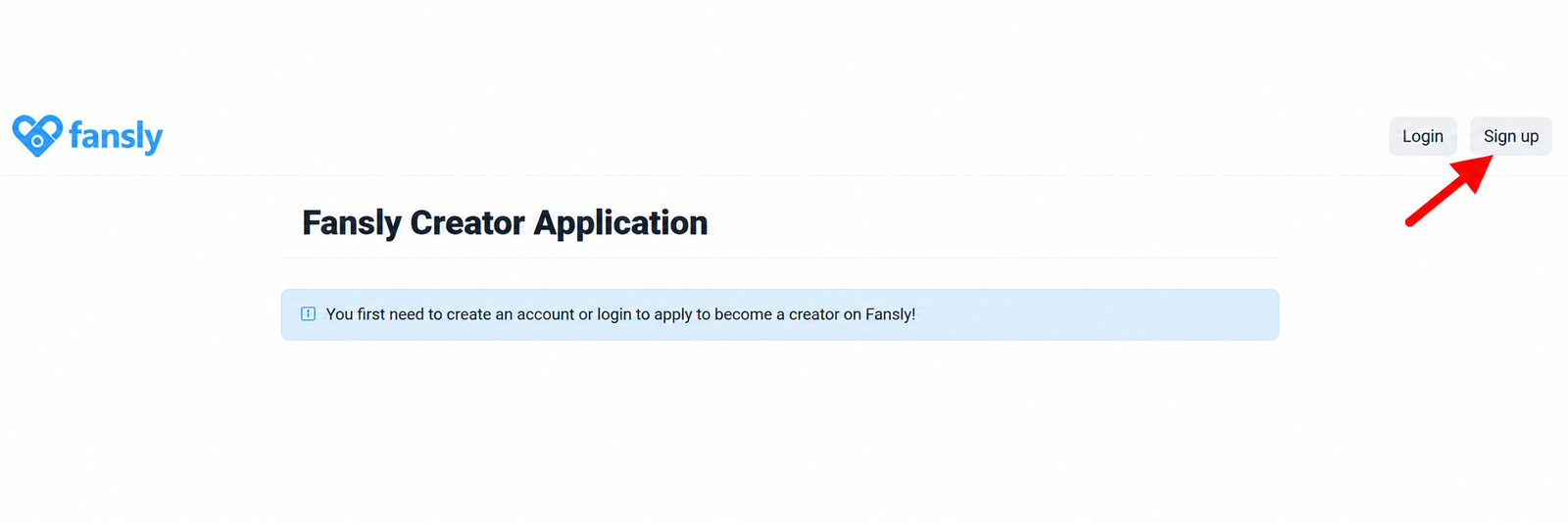 Fansly Creator Application page with red arrow pointing to the Sign up button