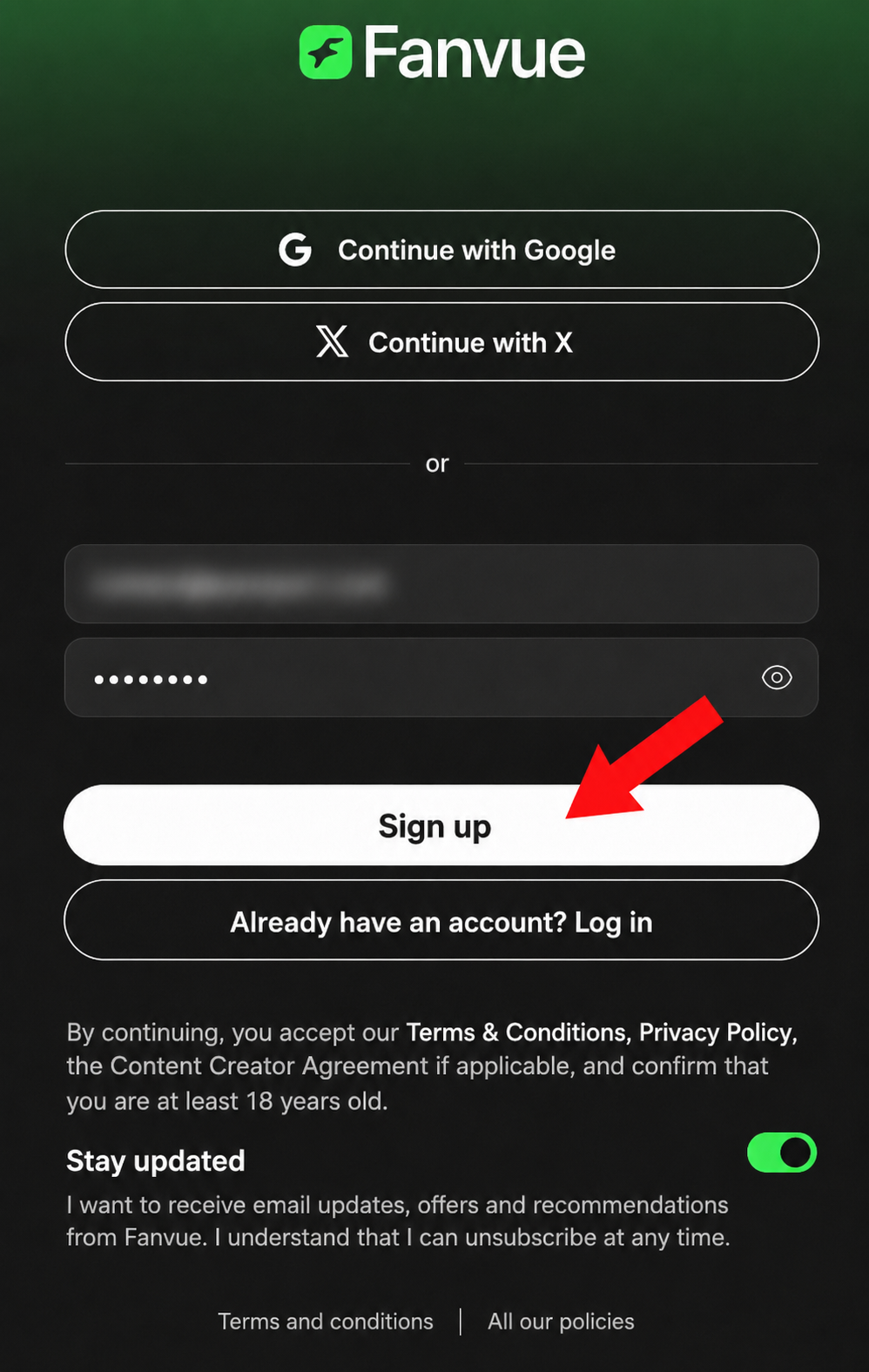 Fanvue signup screen with email, password and Sign up button