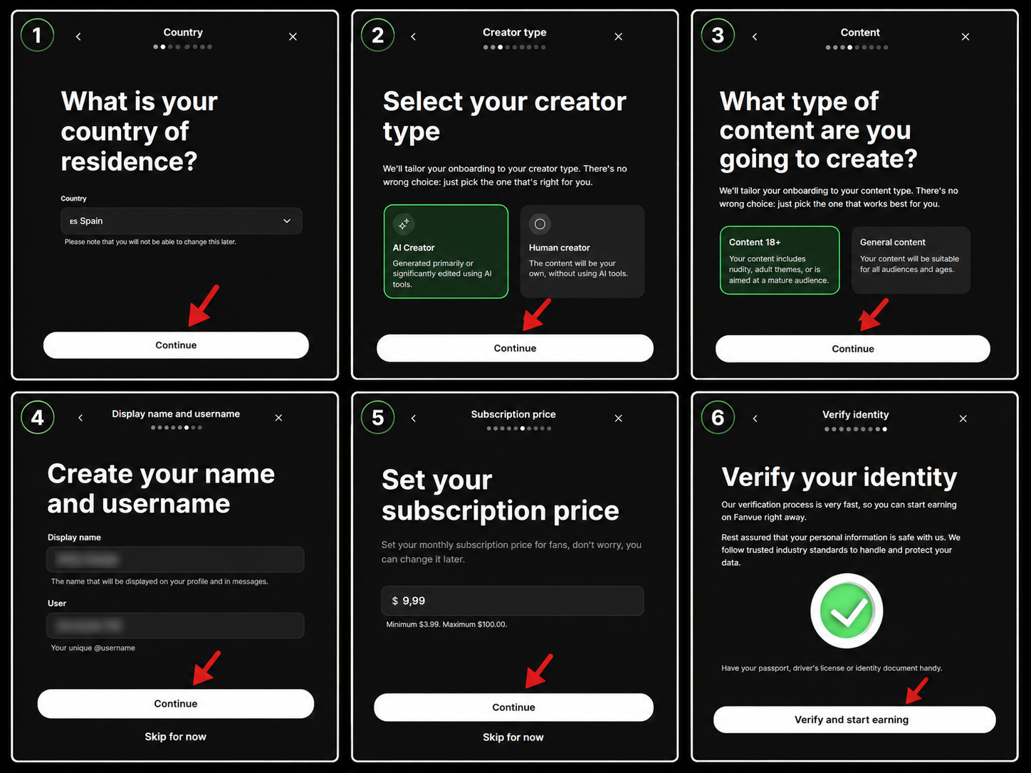 Fanvue creator onboarding collage with country, creator type, content type, username, price and identity verification