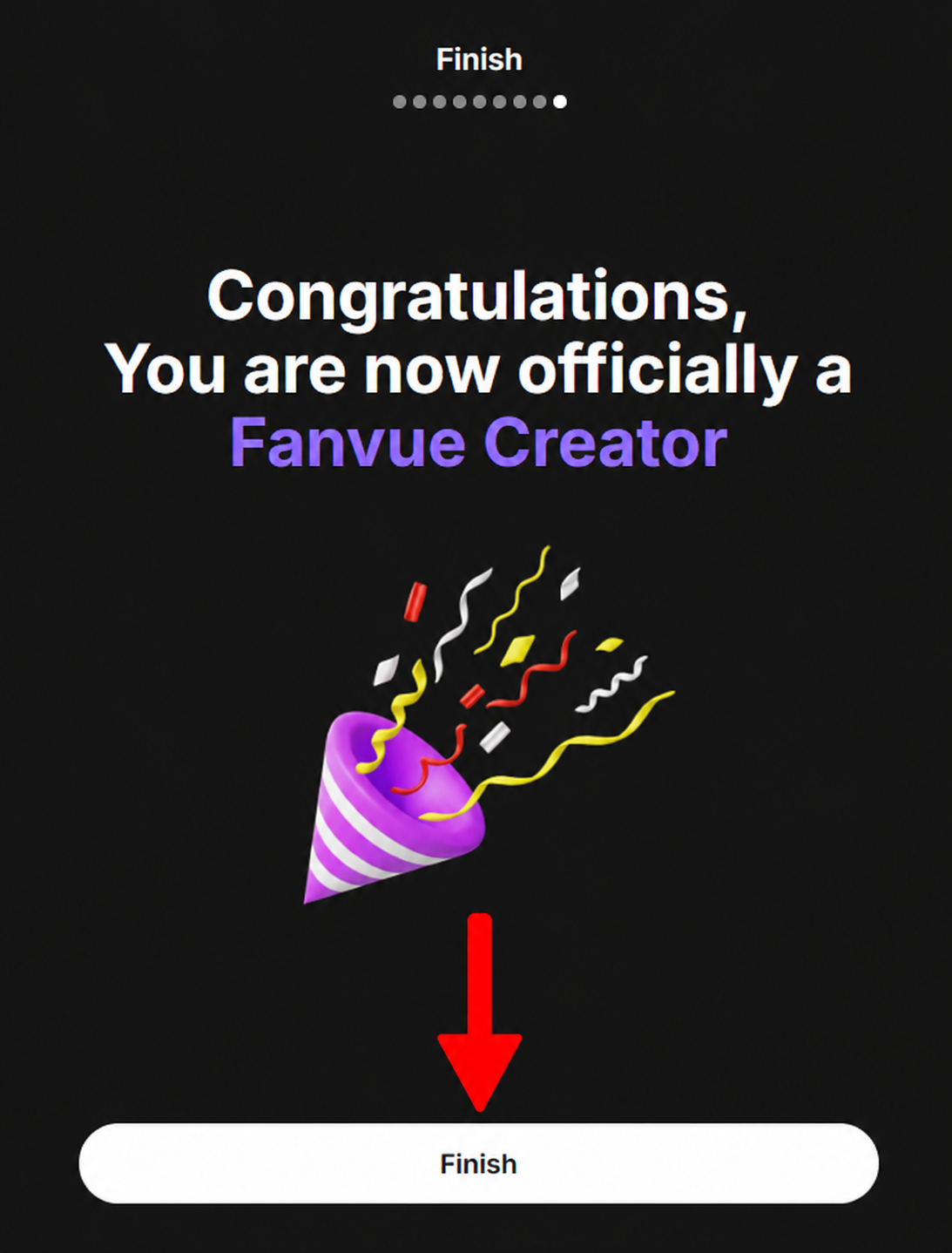 Fanvue congratulations screen showing the creator account is created