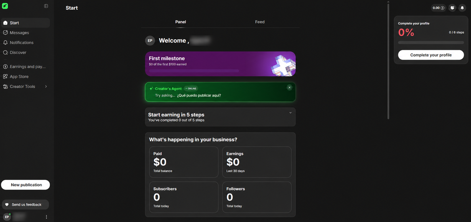 Fanvue creator dashboard after successful signup
