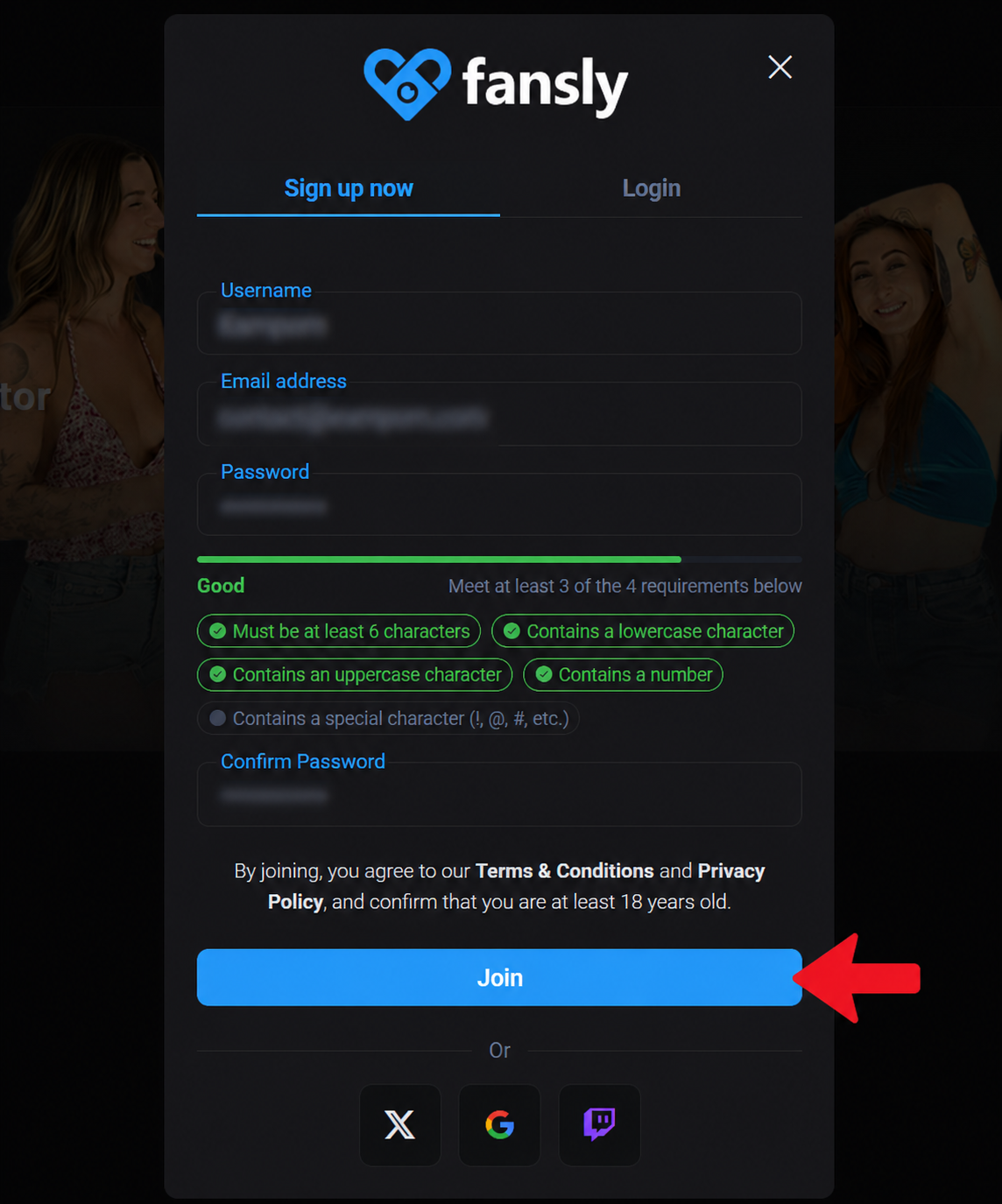 Fansly signup form with username email password and Join button