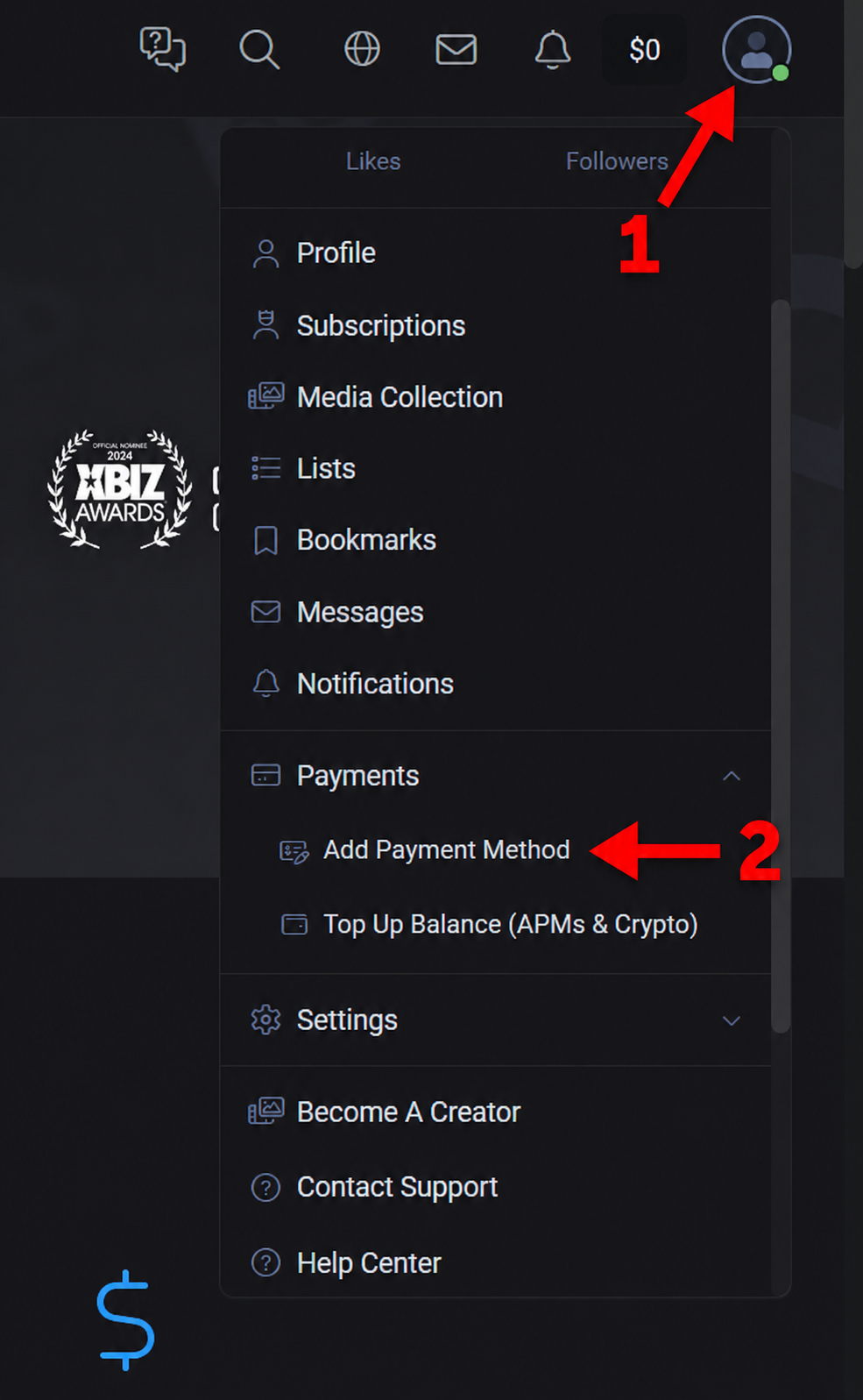 Fansly account menu with Add Payment Method option