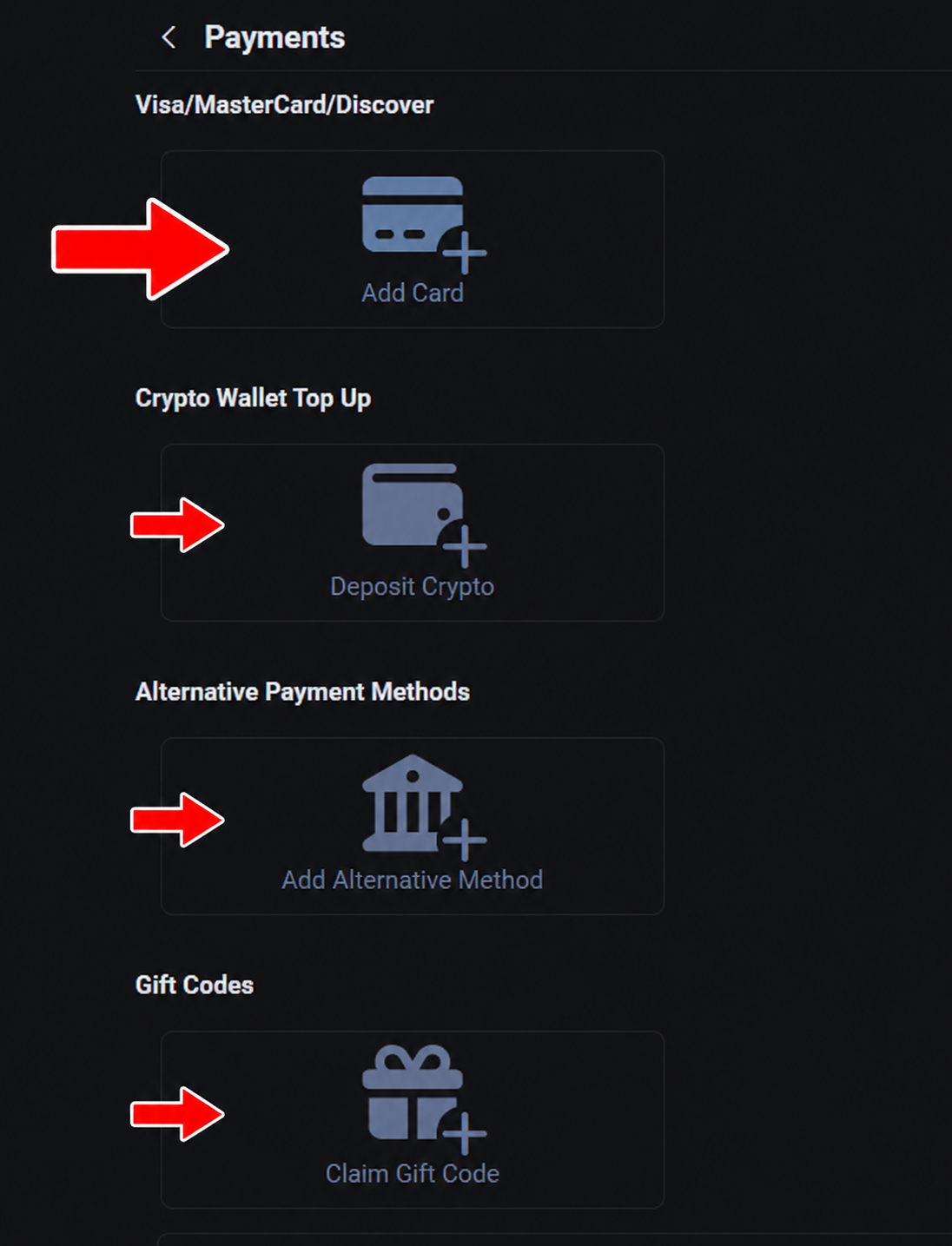 Fansly payment method options screen