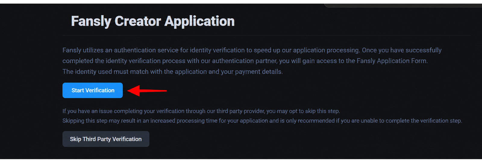 Fansly Creator Application Start Verification screen