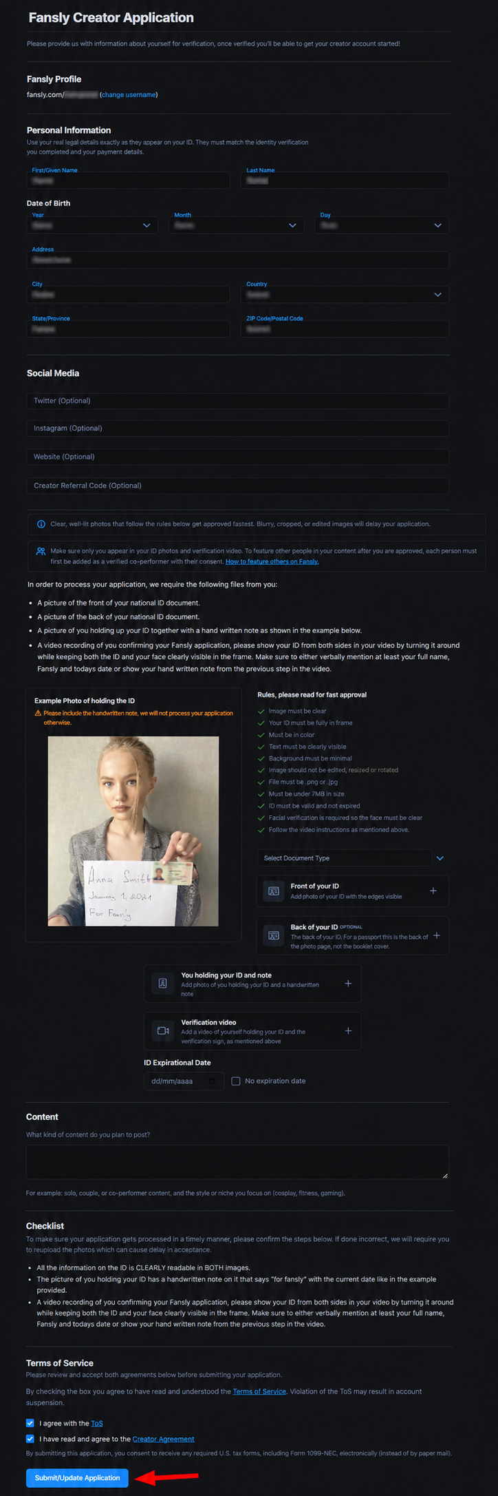 Fansly submit application button with terms and creator agreement checkboxes