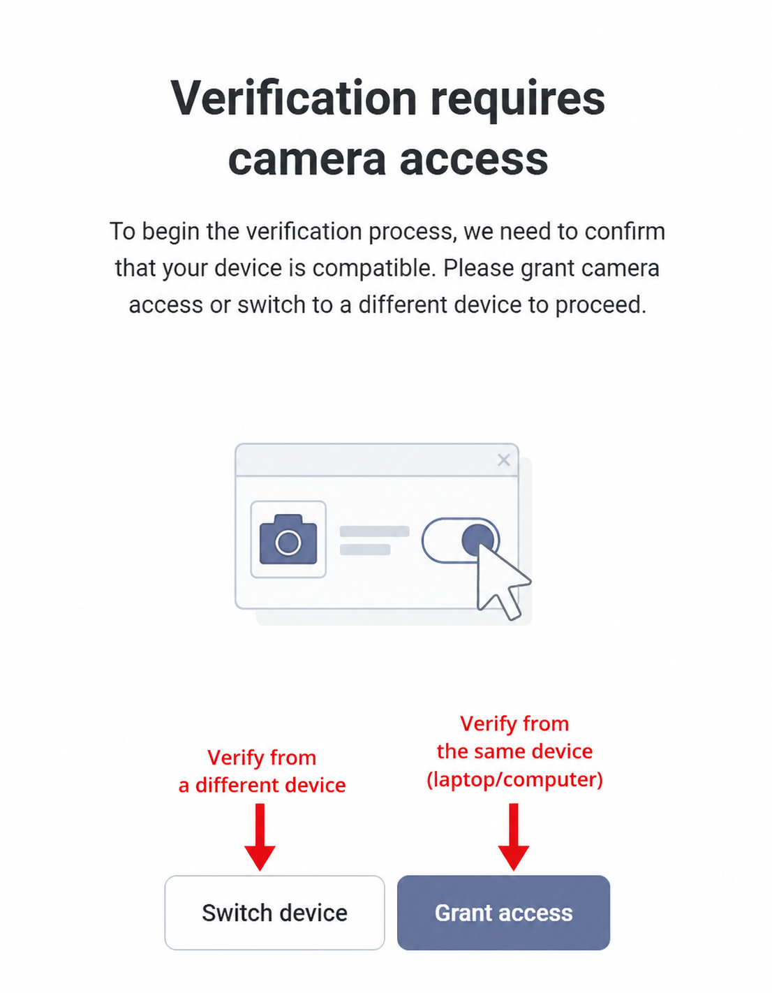 Camera access options for Fansly verification