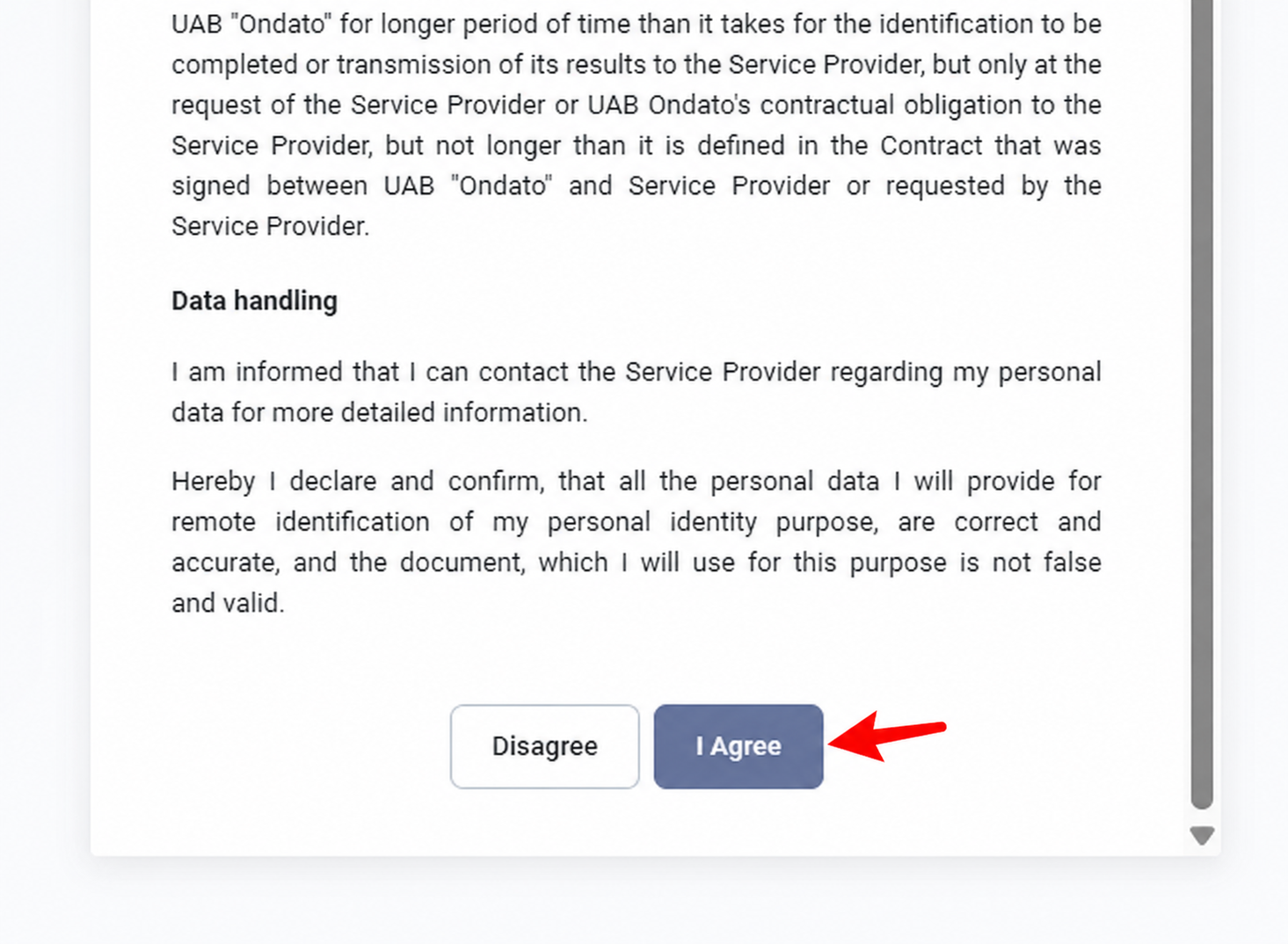 Identity verification terms with I Agree button