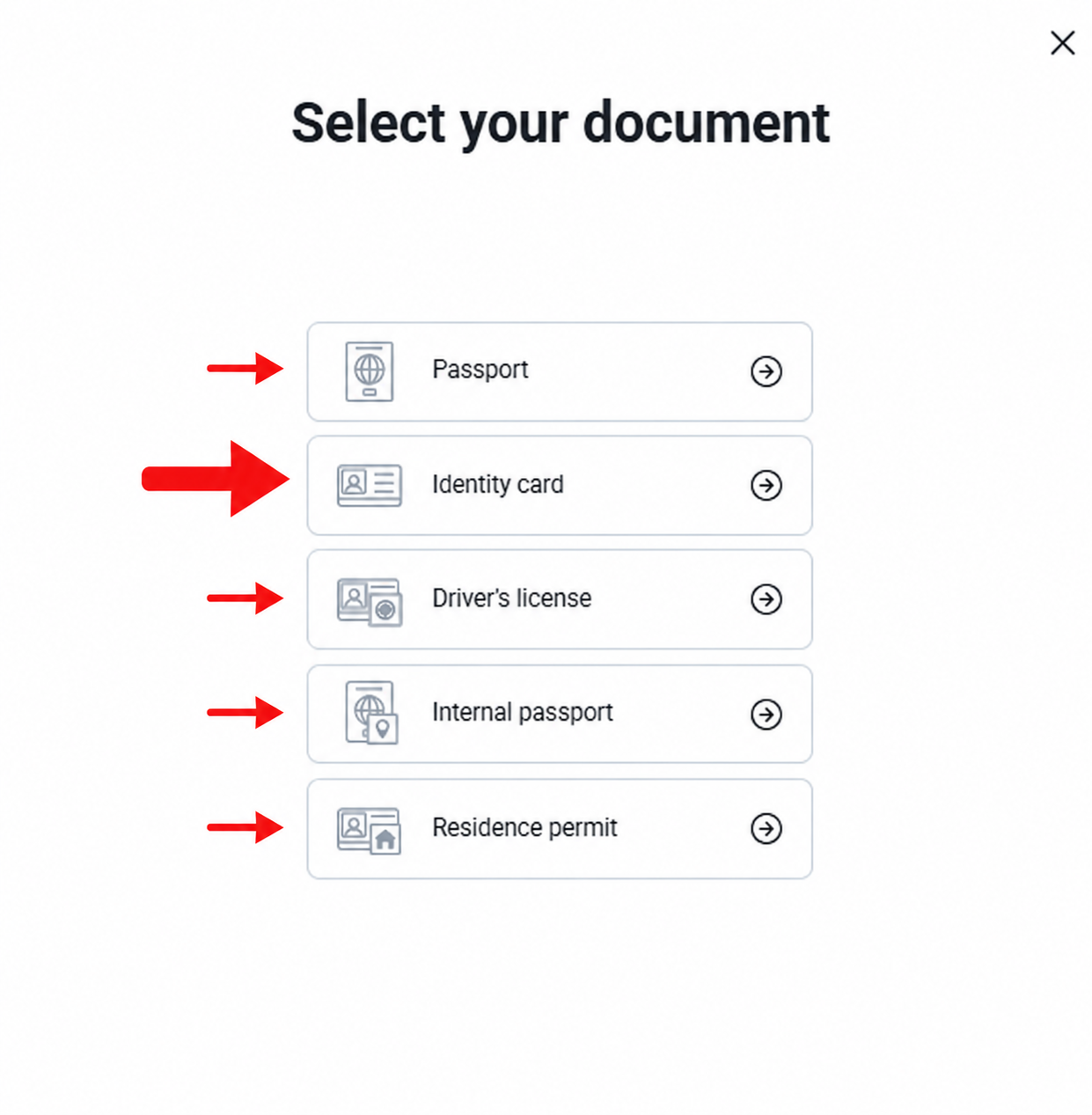 Select identity document screen