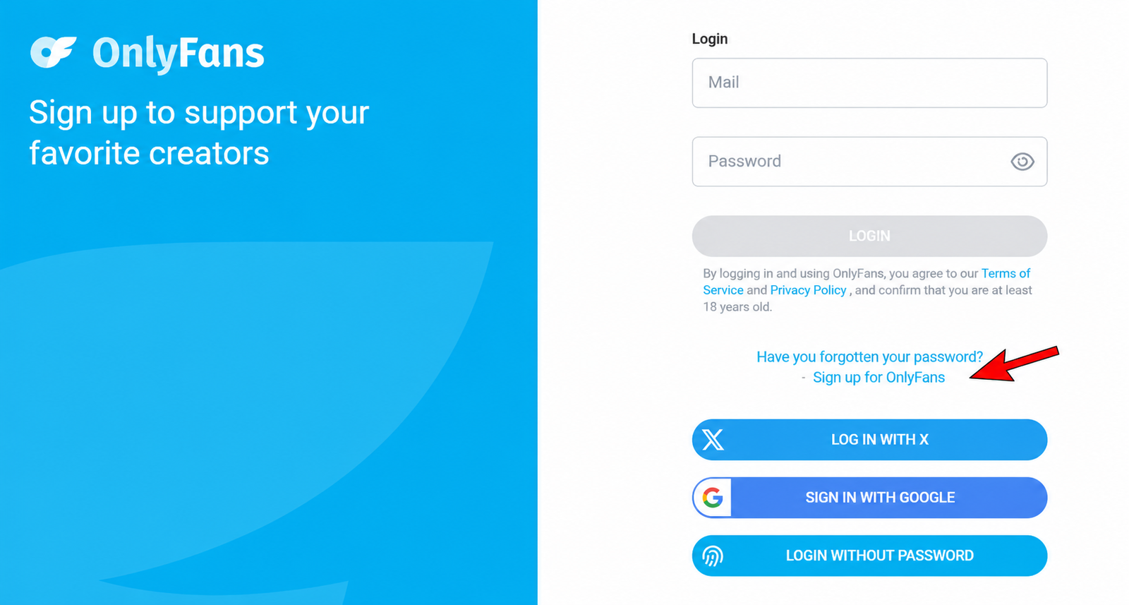 OnlyFans signup screen showing the option to create a new account