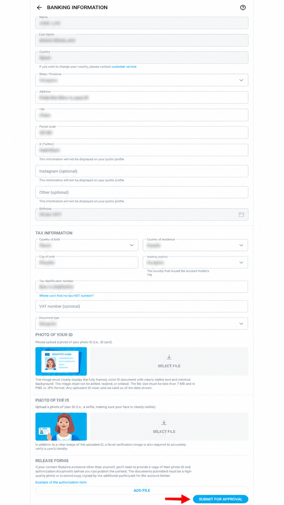 OnlyFans creator application with banking tax identity verification ID upload selfie and Submit for Approval button