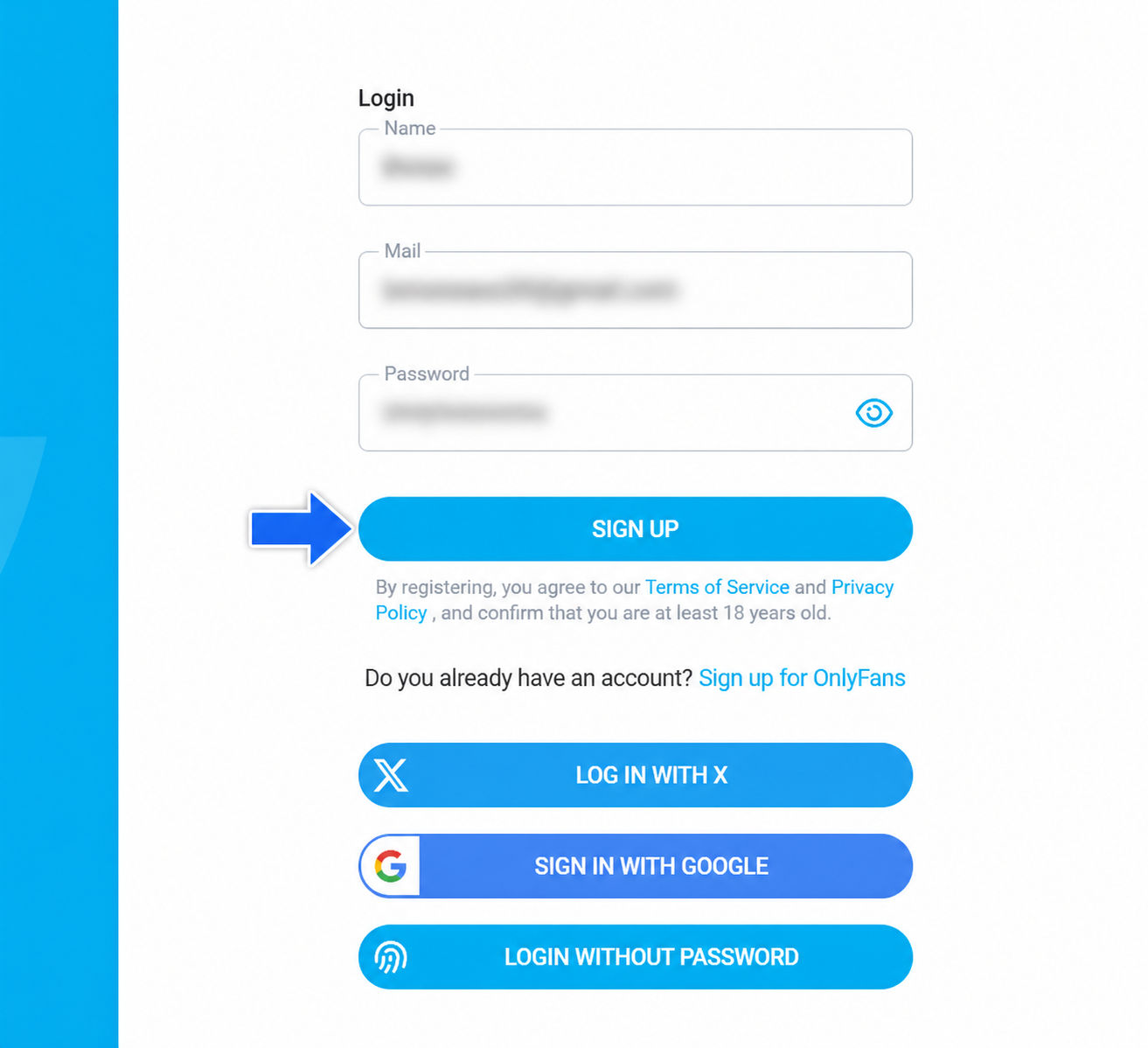 OnlyFans signup form with name email password and Sign Up button