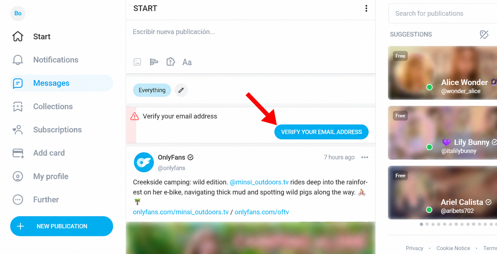 OnlyFans email confirmation screen asking the user to verify the email address