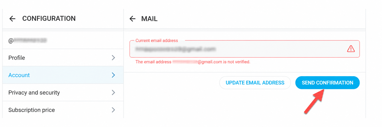 OnlyFans email settings with Send Confirmation option