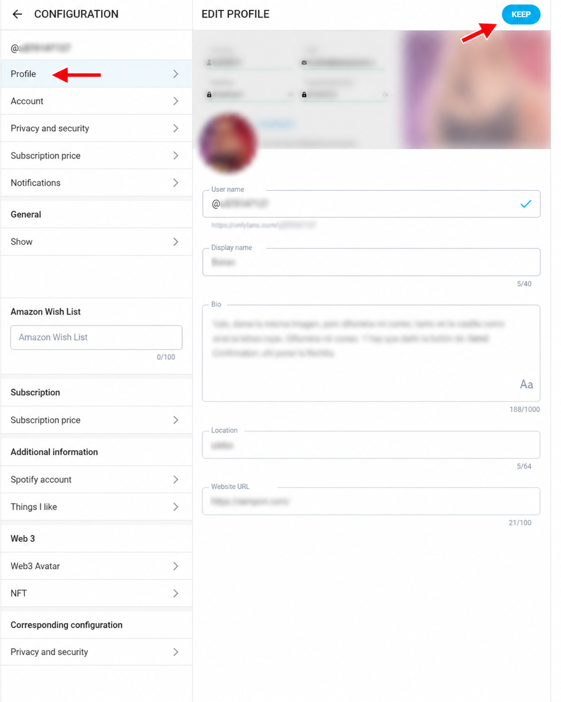 OnlyFans edit profile screen with profile photo cover image display name and bio
