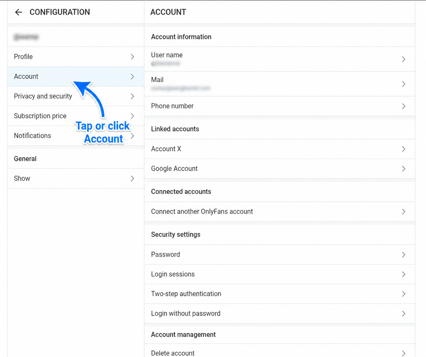 OnlyFans account details screen with username email phone and security information