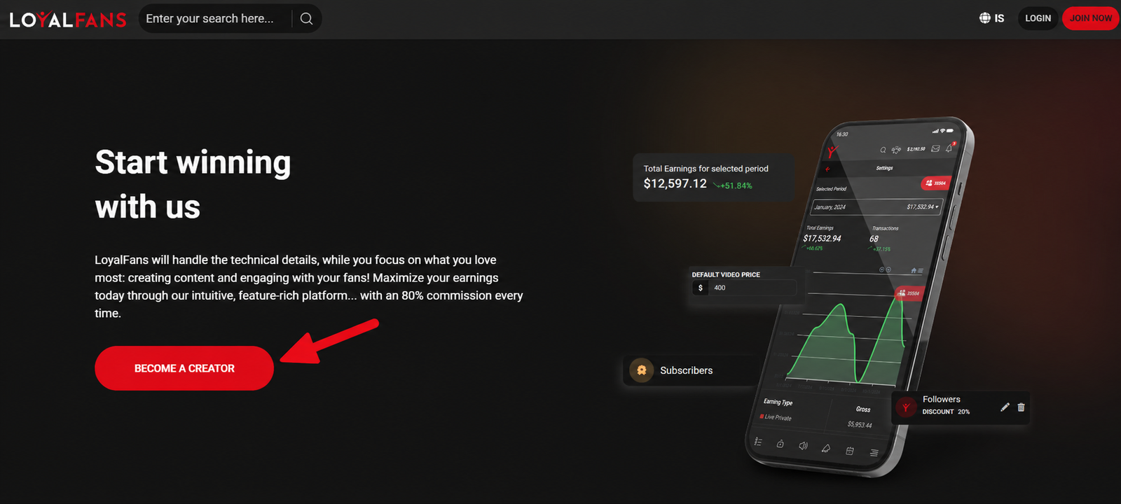 LoyalFans creator landing page with Become a Creator button highlighted