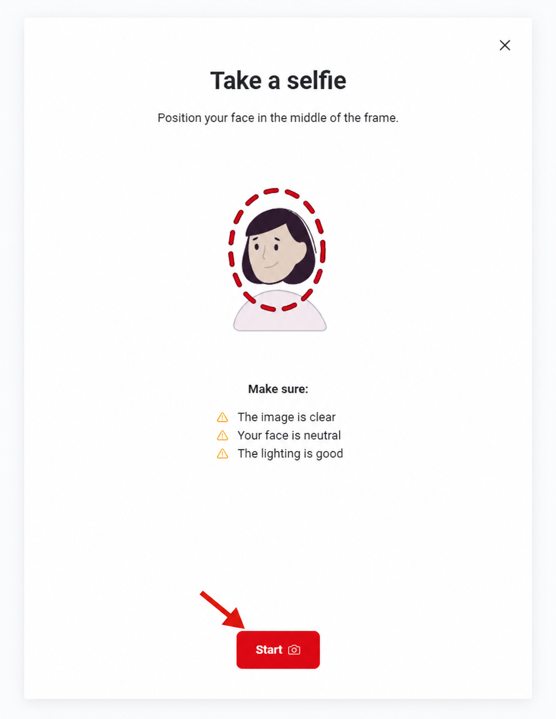Ondato selfie verification screen asking the user to position their face in the frame and click Start