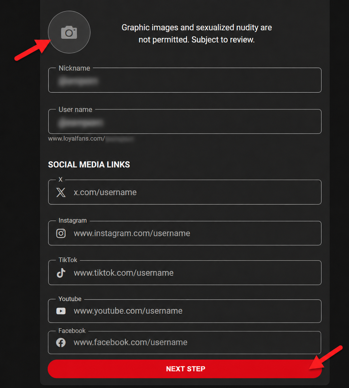 LoyalFans profile setup screen with profile photo nickname username and social media links