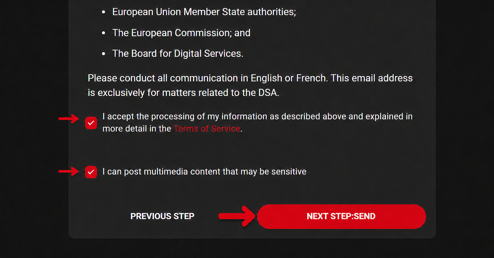 LoyalFans creator terms screen with two checkboxes and Next Step Send button