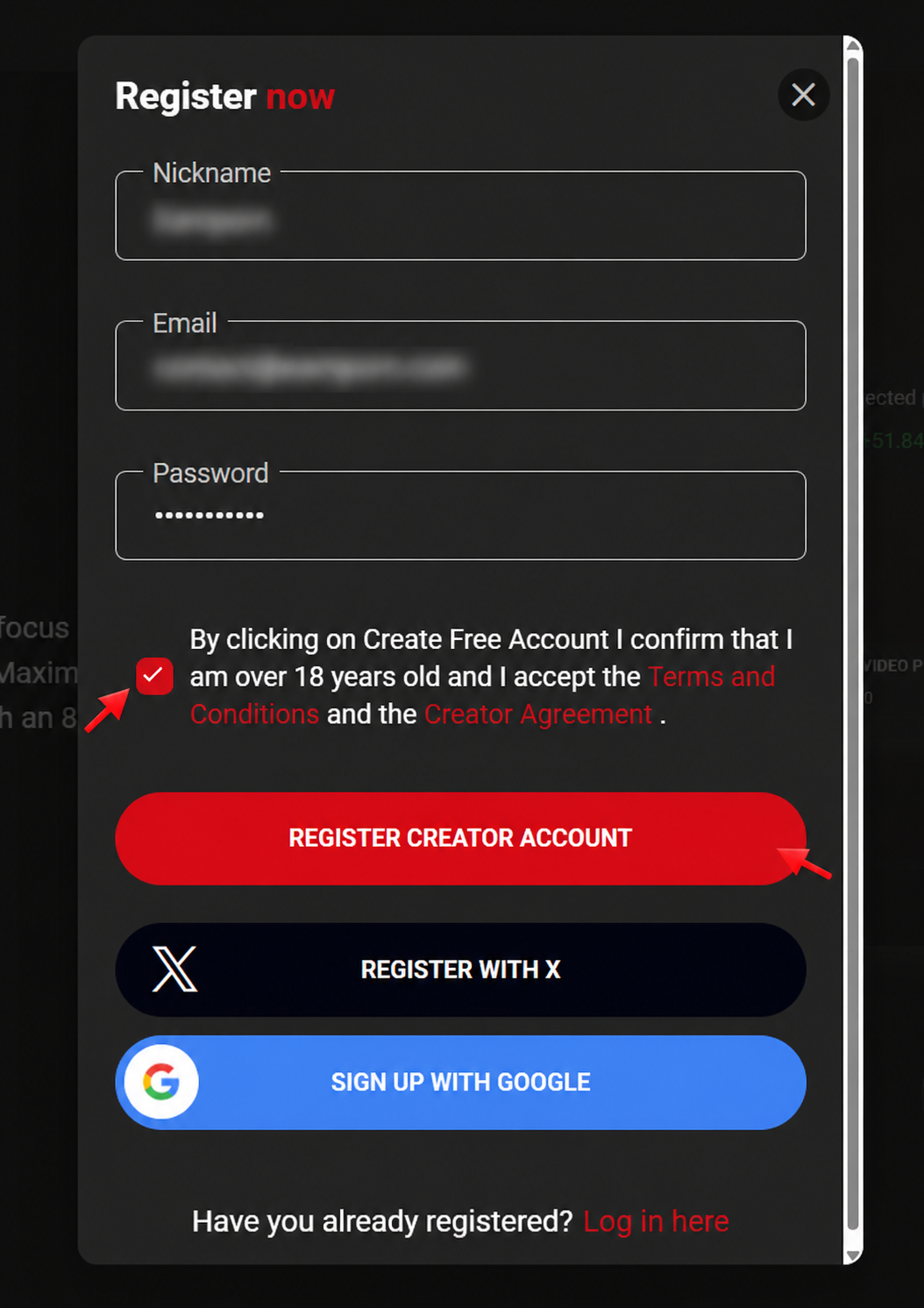 LoyalFans creator registration form with nickname email password terms checkbox and Register Creator Account button