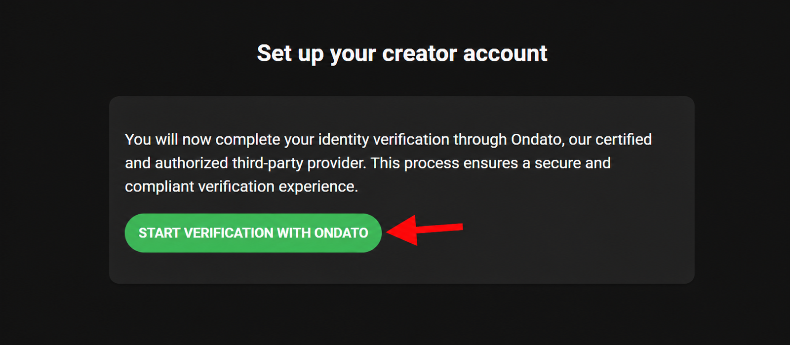LoyalFans setup screen asking to start identity verification with Ondato