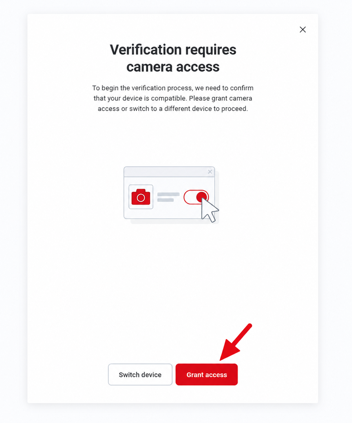 Ondato verification screen asking for camera access with Grant Access and Switch Device options