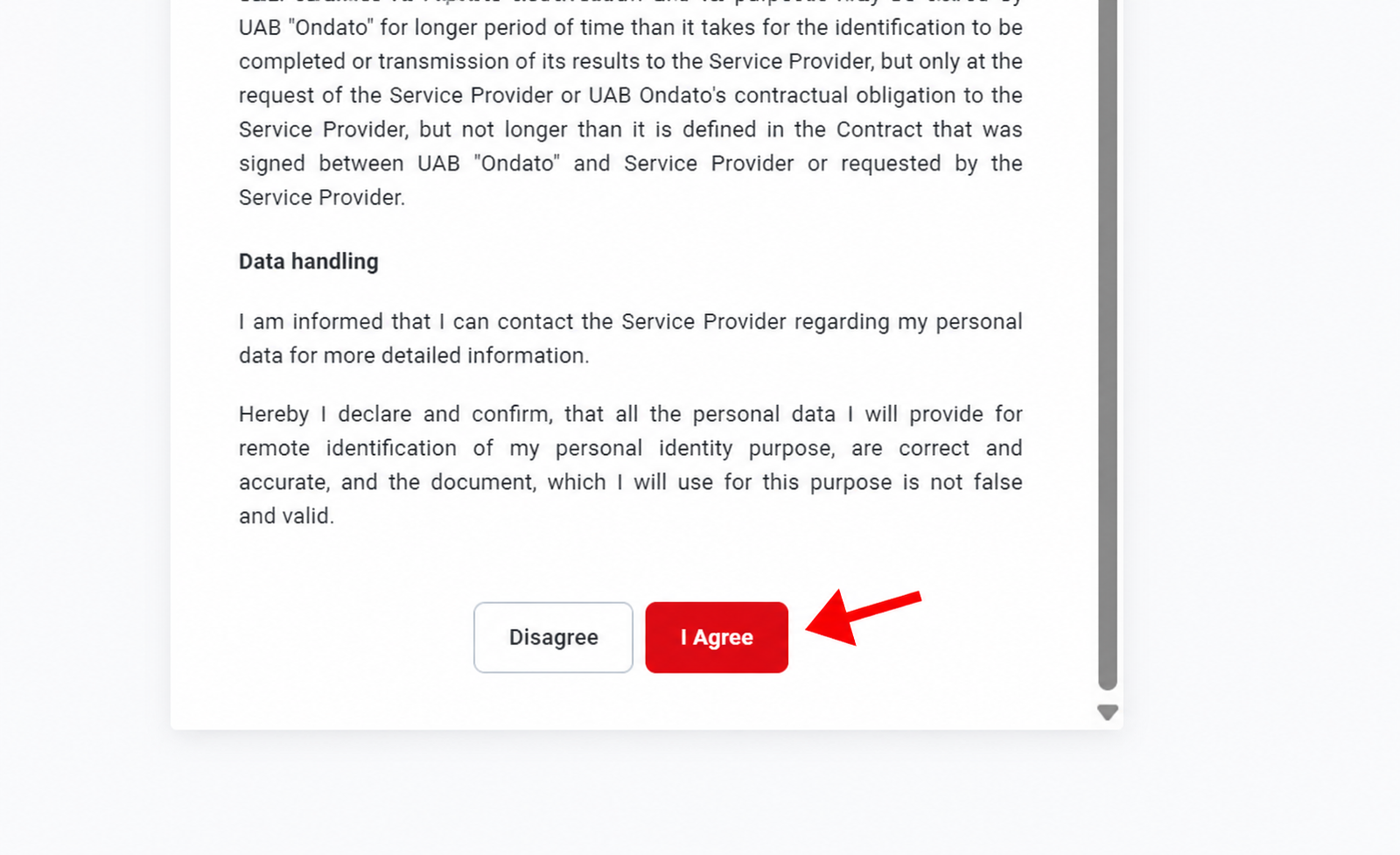 Ondato data handling and verification terms screen with I Agree button