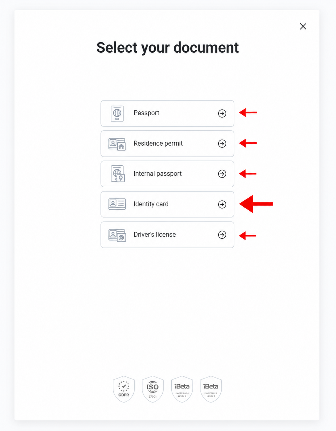 Ondato Select Your Document screen with passport residence permit identity card and driver's license options