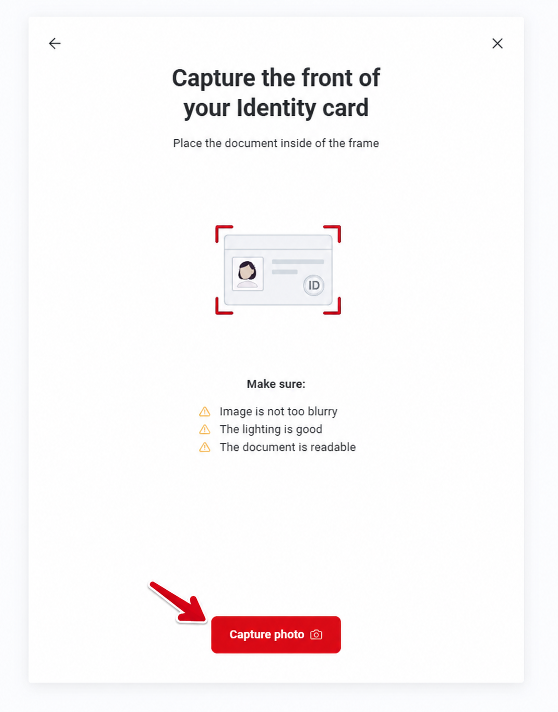 Ondato screen asking to capture the front of an identity card with Capture Photo button