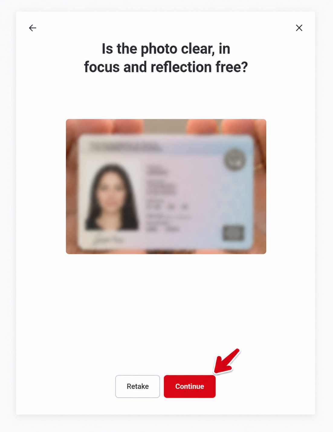 Ondato screen asking if the front ID photo is clear in focus and reflection free with Continue button