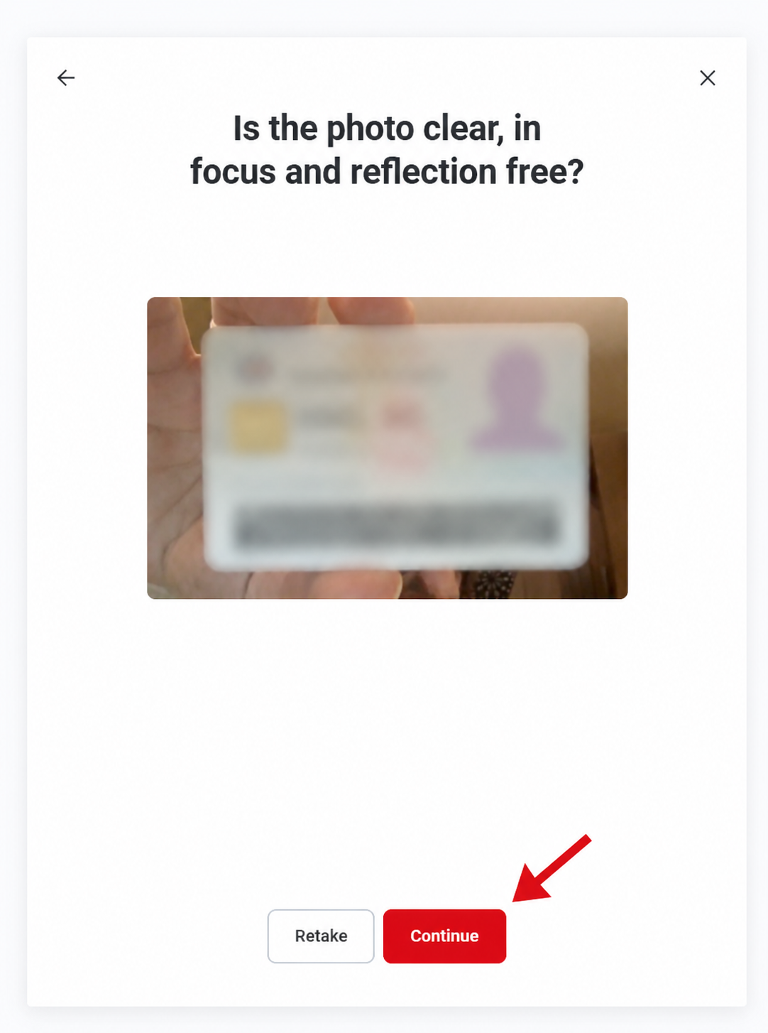Ondato screen reviewing the back side of an identity document with Continue button