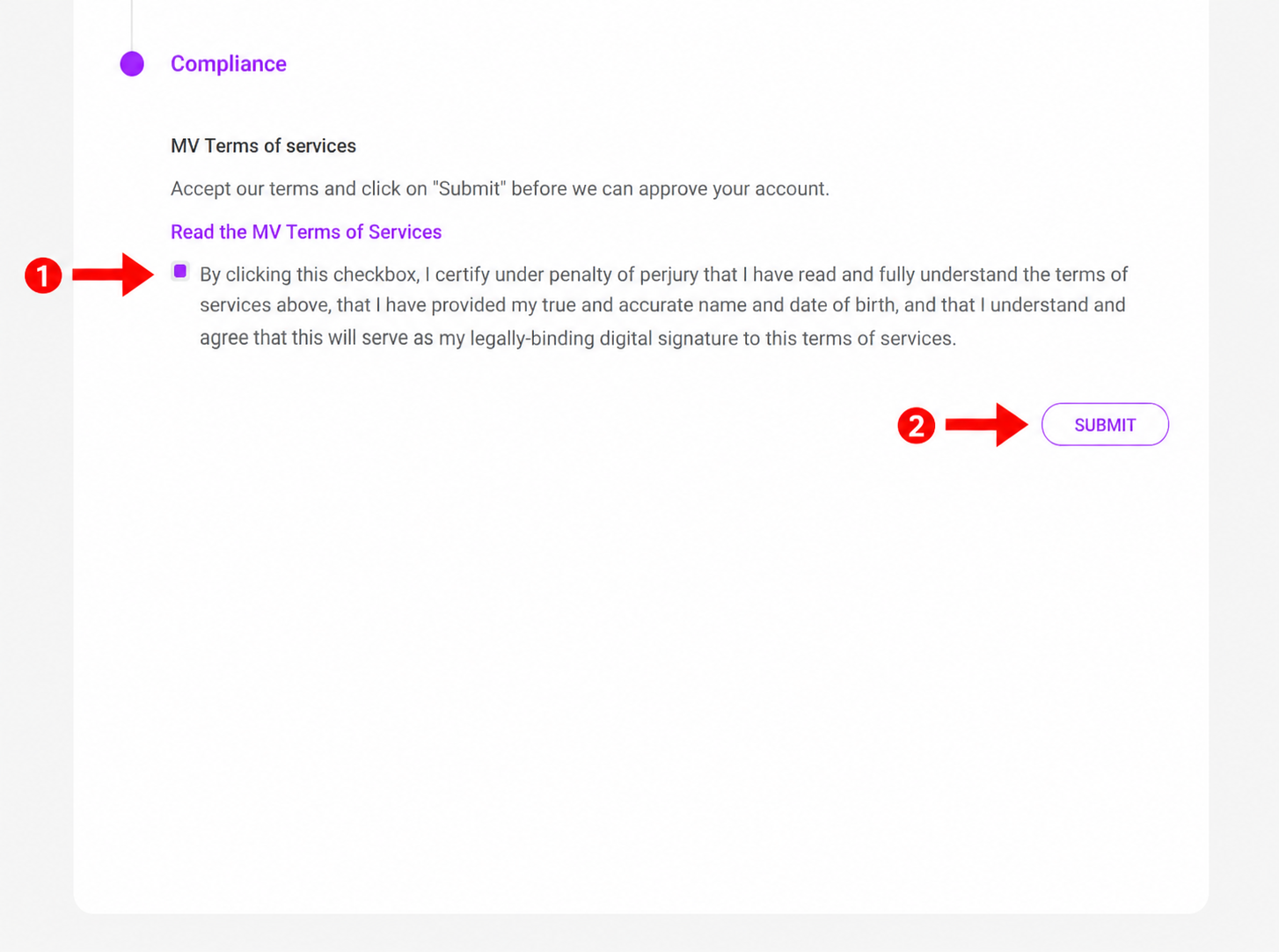 ManyVids compliance screen with terms checkbox and Submit button